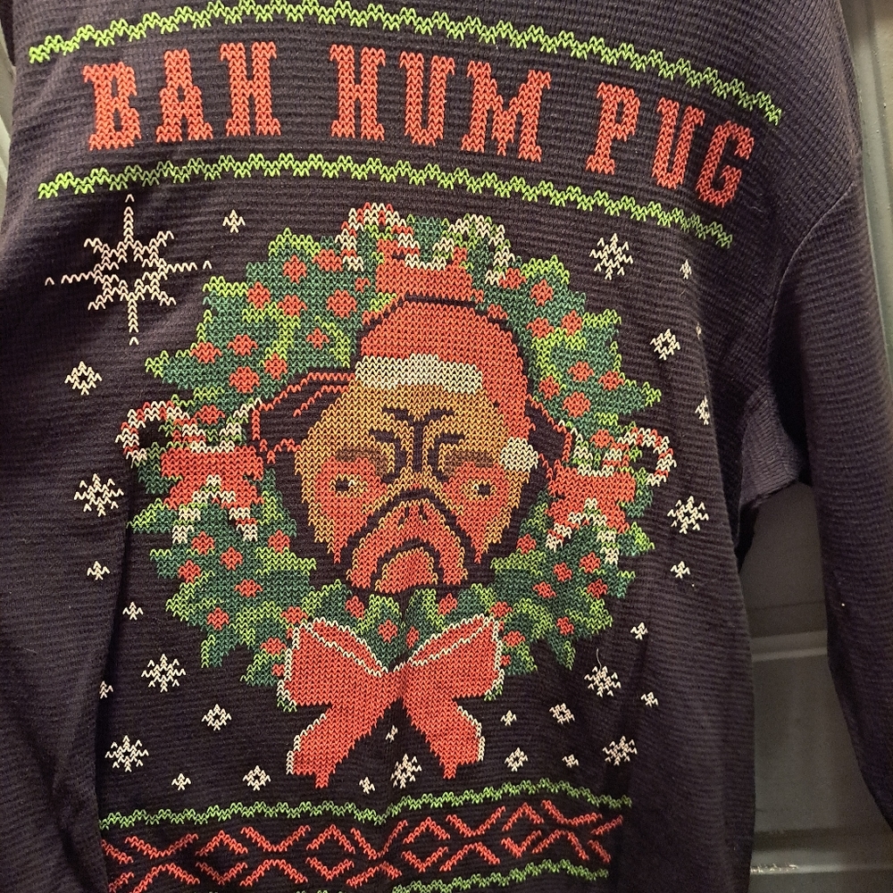 Dec 25 Bah Hum Pug Thermal Shirt sz XL
